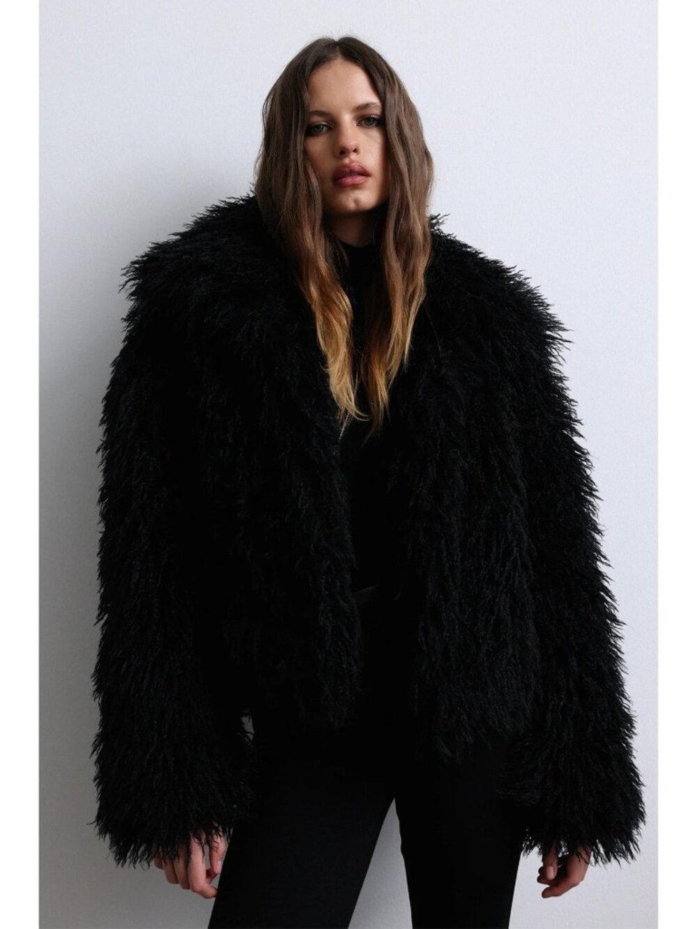 H&M Faux Fur Shaggy Coat Girls Size 12-14Y Black Open Front Fully Lined Collarle